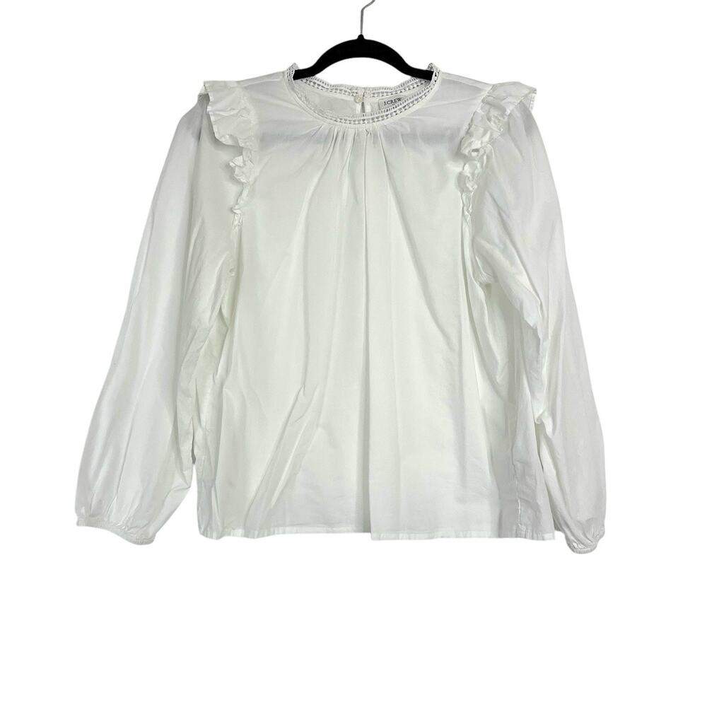 J Crew Peasant Style Career Work Blouse White Ruffled Collar Women's Size Large